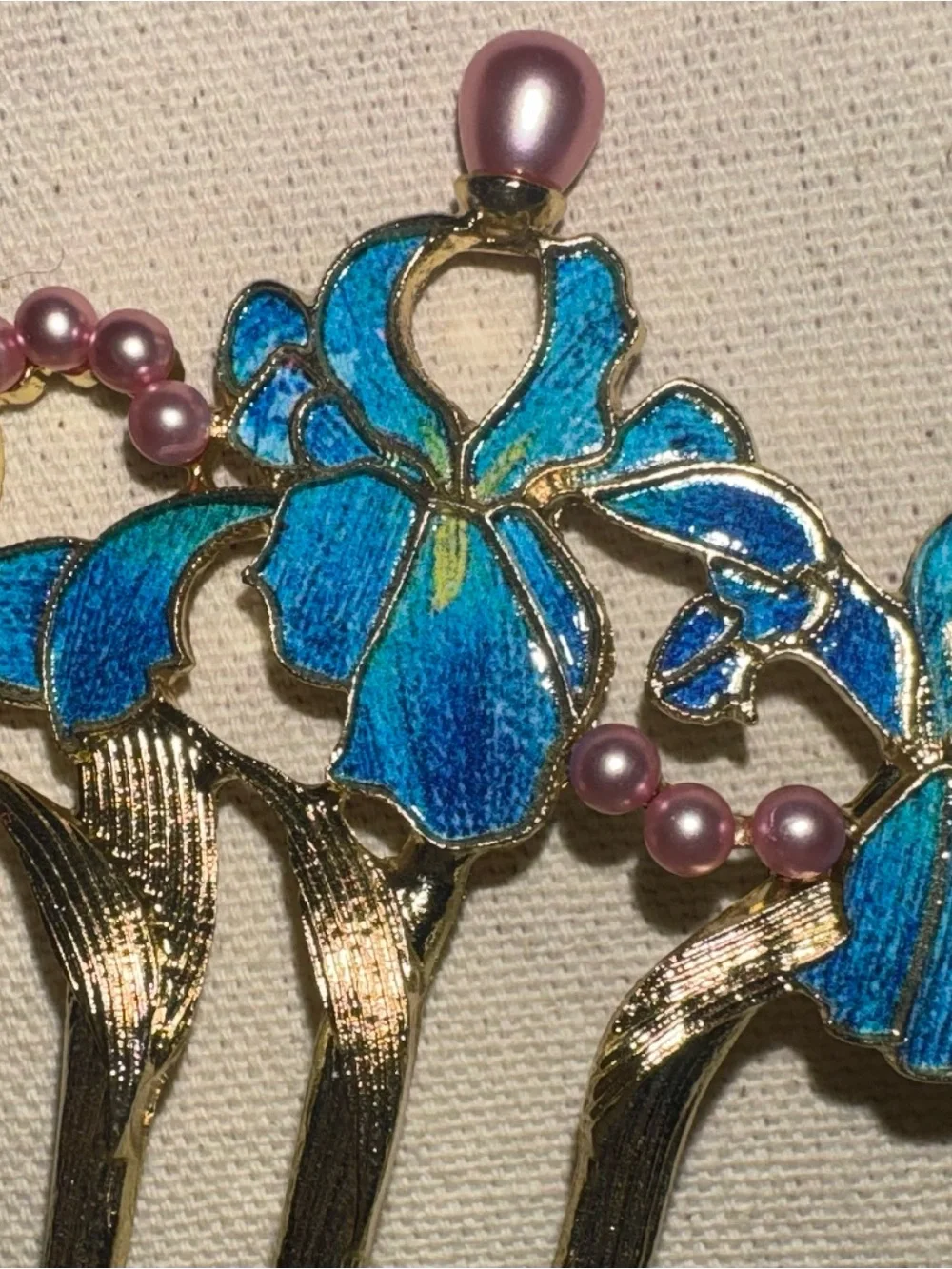 Elegant Blue & Green Enamel & Faux Pink Pearls Floral Gold Tone Metal Hair Fork